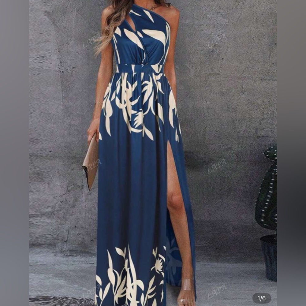 Blue & Cream One Shoulder Maxi Dress With Slit Size S
